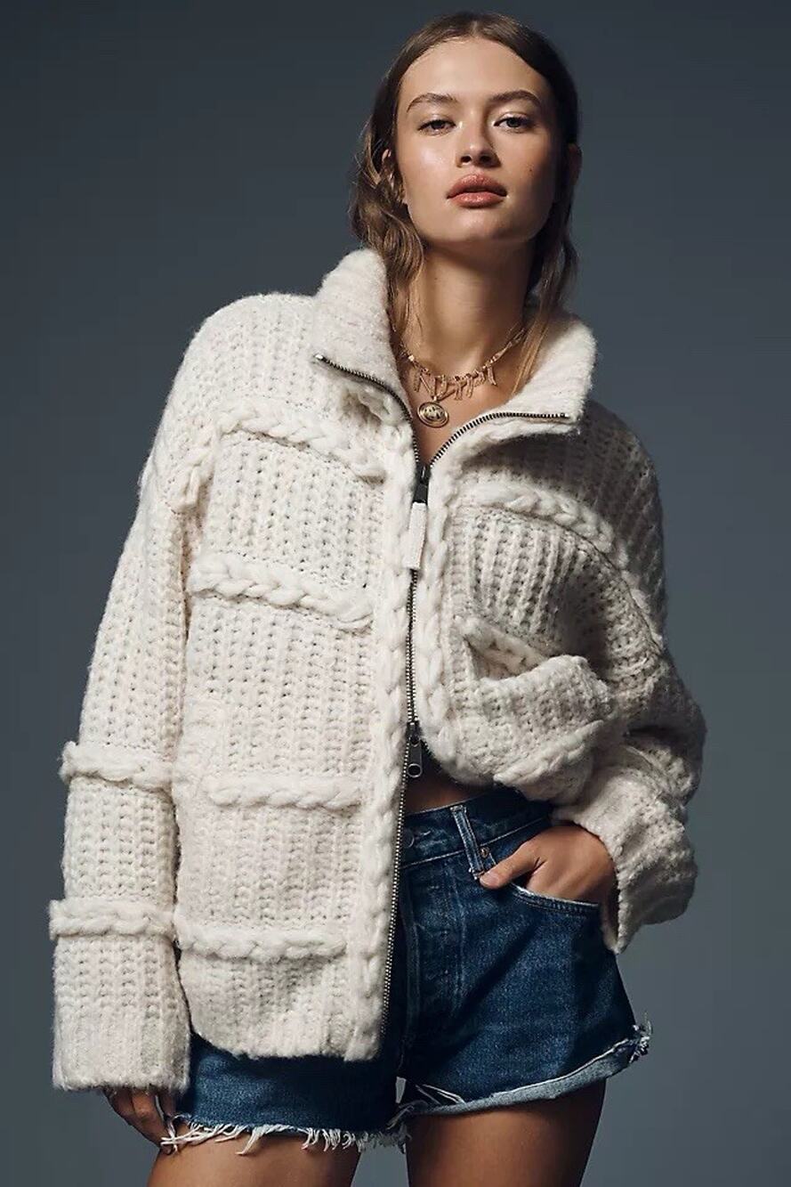 NEW Anthropologie Sz Large Ivory Cable Knit Full Zip Mock Neck Cardigan Sweater